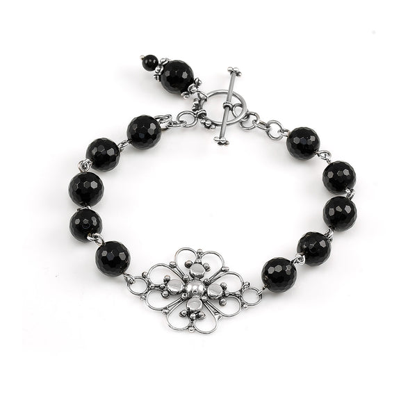 Sterling Silver Filigree Black Round Multifaceted Onyx Gemstone Bracelet - AlexandraDeer