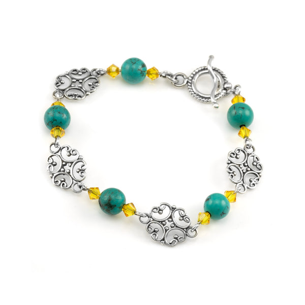 Sterling Silver Filigree Green Turquoise with Yellow Swarovski Bicone Stackable Bracelet - AlexandraDeer