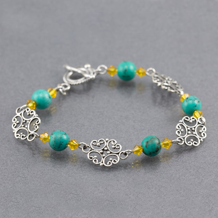 Sterling Silver Filigree Green Turquoise with Yellow Swarovski Bicone Stackable Bracelet - AlexandraDeer