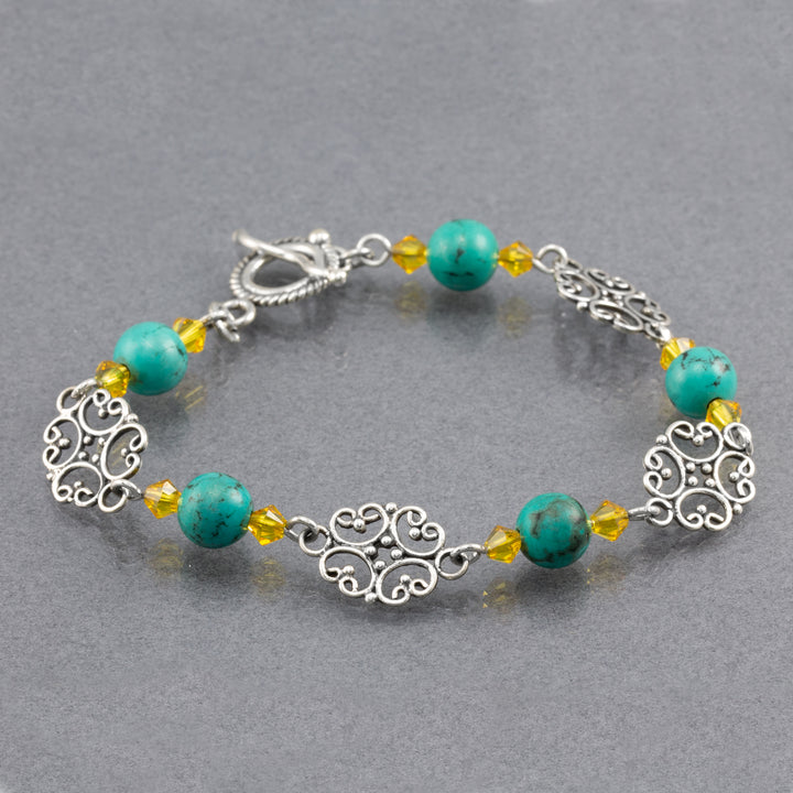 Sterling Silver Filigree Green Turquoise with Yellow Swarovski Bicone Stackable Bracelet - AlexandraDeer