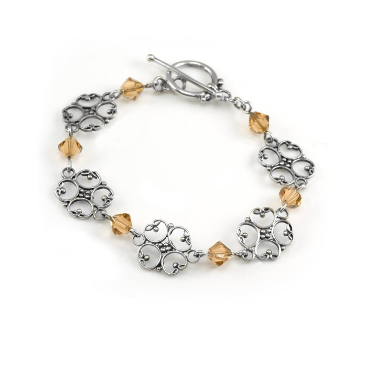 Sterling Silver Filigree Flowers with Peach Swarovski Faceted Bicones Stackable Bracelet - AlexandraDeer