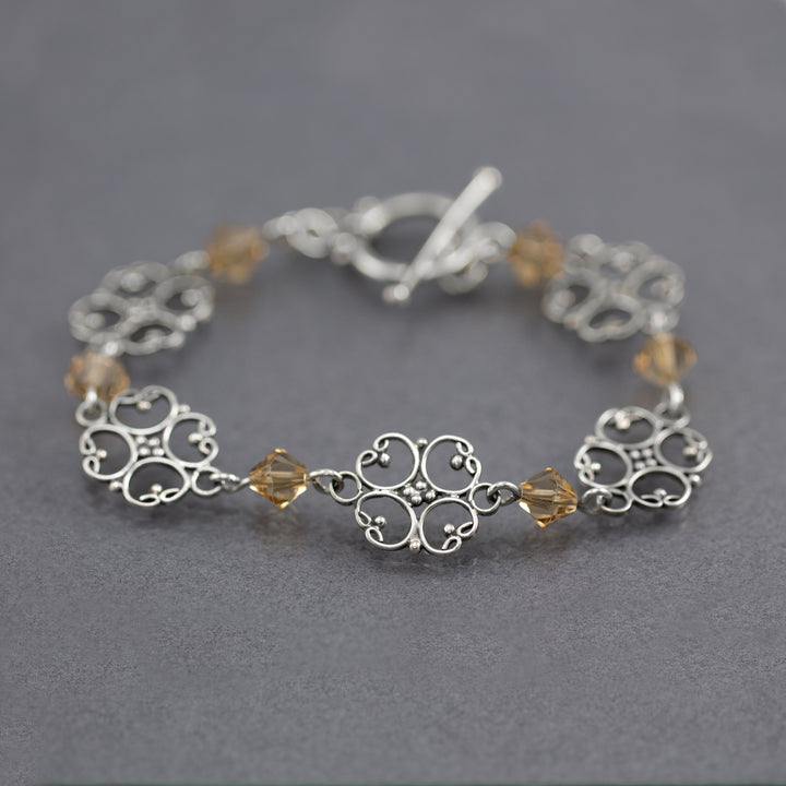 Sterling Silver Filigree Flowers with Peach Swarovski Faceted Bicones Stackable Bracelet - AlexandraDeer