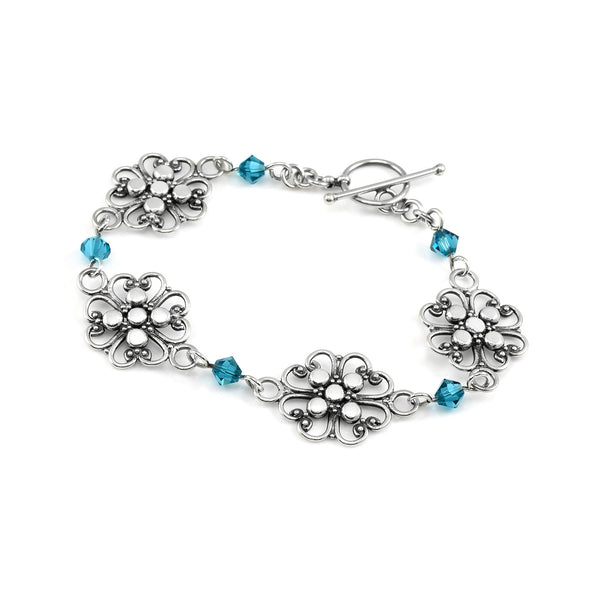 Sterling Silver Filigree Flowers with Blue Swarovski Faceted Bicone Stackable Bracelet - AlexandraDeer