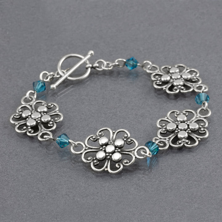 Sterling Silver Filigree Flowers with Blue Swarovski Faceted Bicone Stackable Bracelet - AlexandraDeer