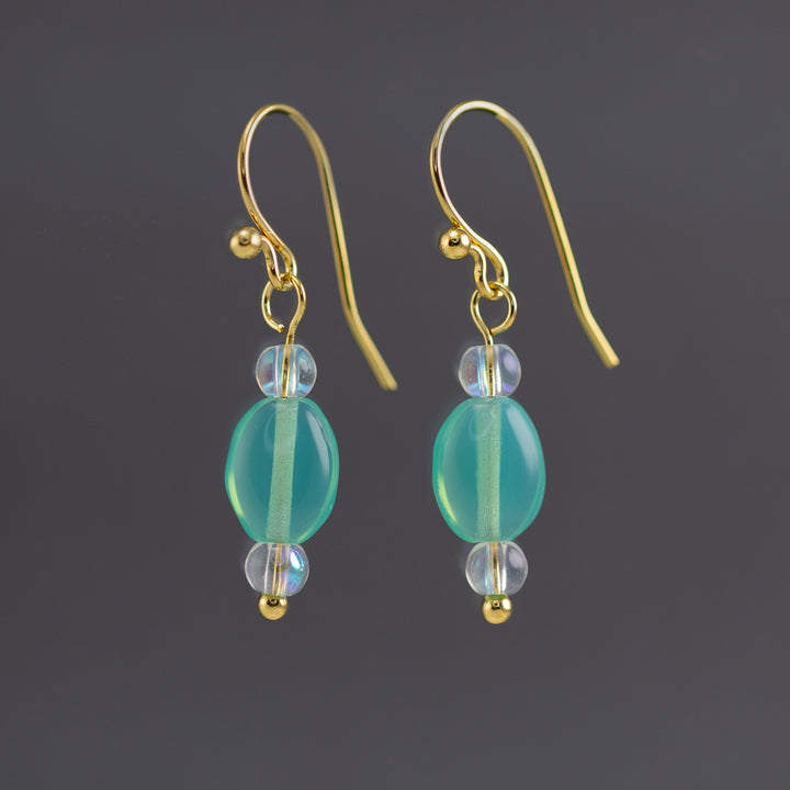 Gold Vermeil with Sky Blue Peruvian Opal Gemstone and Aurora Glass Beads Dangle Earrings - AlexandraDeer