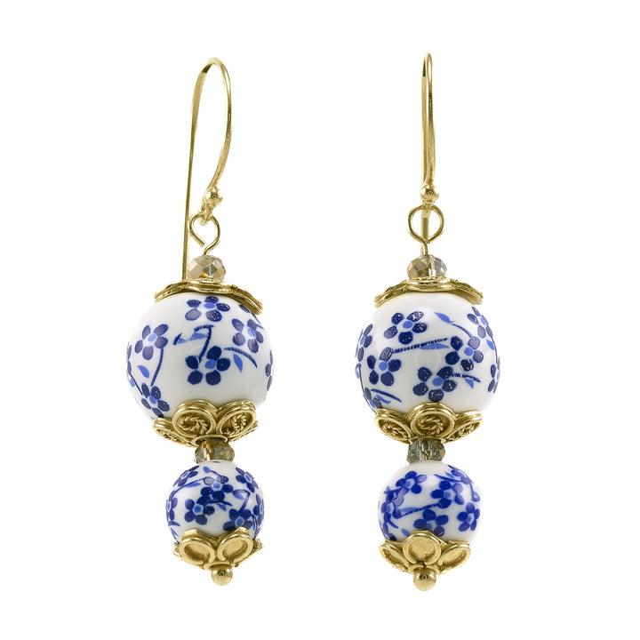 Gold Vermeil Filigree Hand Painted Porcelain Blue Flower Dangle Earrings - AlexandraDeer