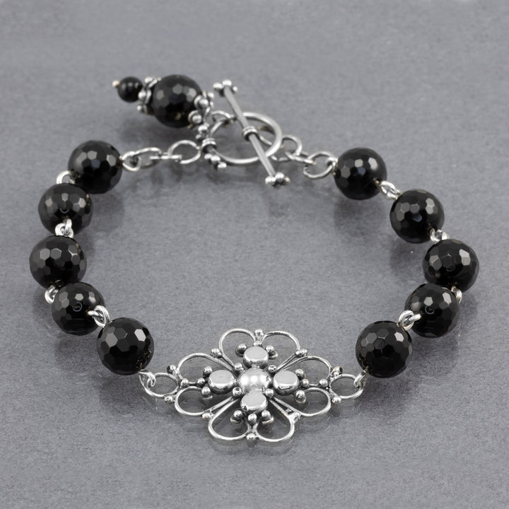 Sterling Silver Filigree Black Round Multifaceted Onyx Gemstone Bracelet - AlexandraDeer