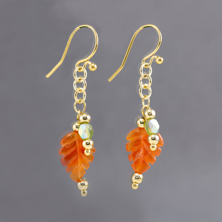 Gold Vermeil Orange Leaf Carnelian Gemstone Dangle Earrings - AlexandraDeer