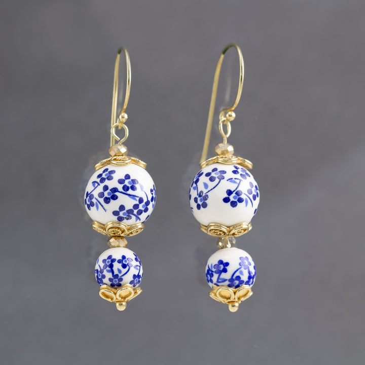 Gold Vermeil Filigree Hand Painted Porcelain Blue Flower Dangle Earrings - AlexandraDeer